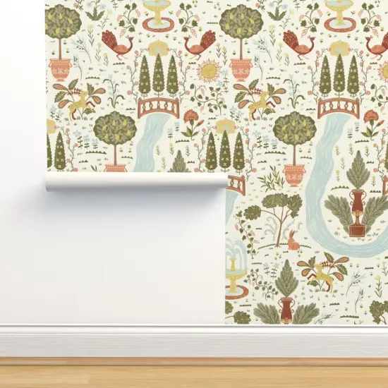 Peel & Stick Wallpaper 2FT Wide Multicolor. Birds Rabbit Whimsical Peacock Illustration Folk Garden Italian Terracotta Tuscany Fountains Large Scale Custom Removable Wallpaper by Spoonflower {2}