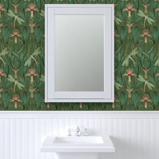 Peel & Stick Wallpaper 2FT Wide Art Nouveau Deco Emerald Green Nature Floral Lillies 1920S Custom Removable Wallpaper by Spoonflower {6}