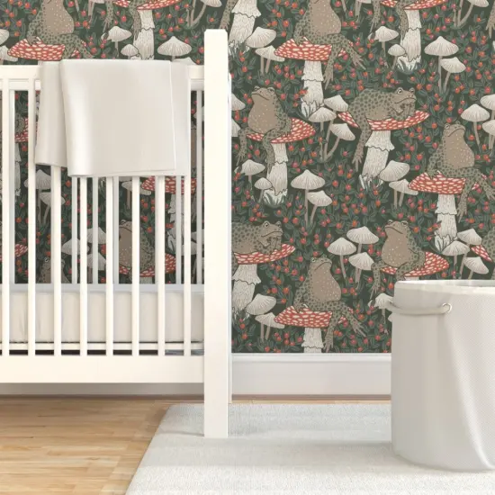 Pre-Pasted Wallpaper 2FT Wide Woodland Forest Toads Mushrooms Toadstool Cottagecore Whimsical Fairy Custom Pre-pasted Wallpaper by Spoonflower {7}