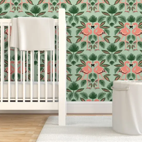 Pre-Pasted Wallpaper 2FT Wide Flamingo Palm Leaves Green Pink Tropics Island Custom Pre-pasted Wallpaper by Spoonflower {7}