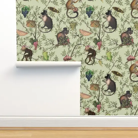 Peel & Stick Wallpaper 2FT Wide Green Chinoiserie Victorian Animals Rococo Garden Party Leaves Monkeys Historic Toile Botanical Whimsical Large Scale Custom Removable Wallpaper by Spoonflower {2}