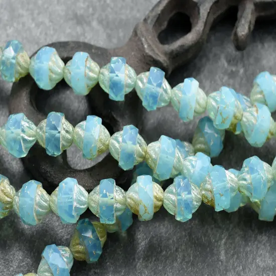 *14* 12x10mm Silver Washed Light Blue Aqua Opaline Picasso Turbine Beads {2}