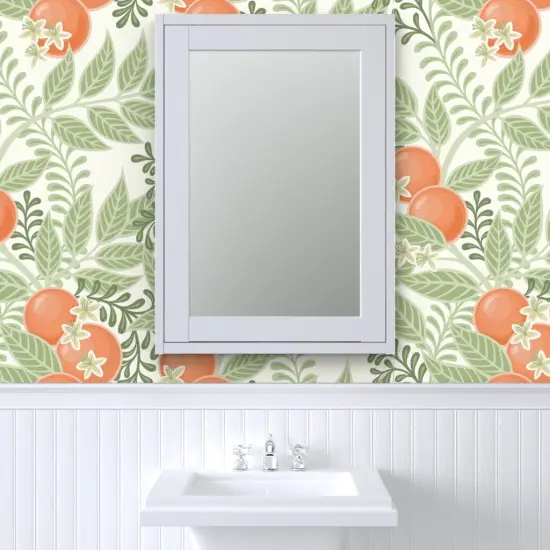 Pre-Pasted Wallpaper 2FT Wide Green Orange Fruit Citrus Garden Oranges Botanical Italy Grove Orchard Floral Large Scale Custom Pre-pasted Wallpaper by Spoonflower {6}