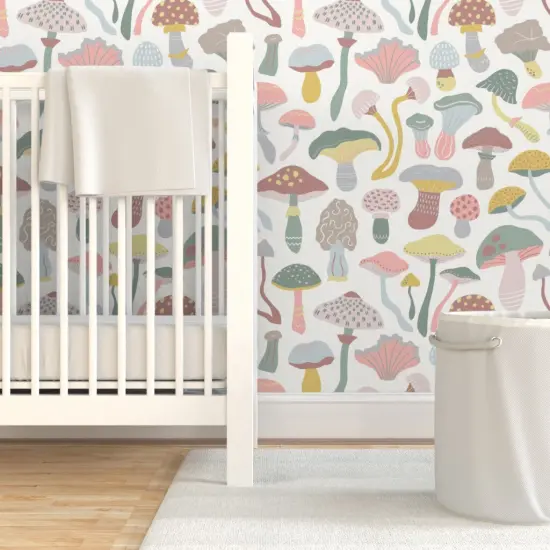 Pre-Pasted Wallpaper 2FT Wide Neutral Mushrooms Neutral Pink Green Kids Baby Nursery Gender Custom Pre-pasted Wallpaper by Spoonflower {7}
