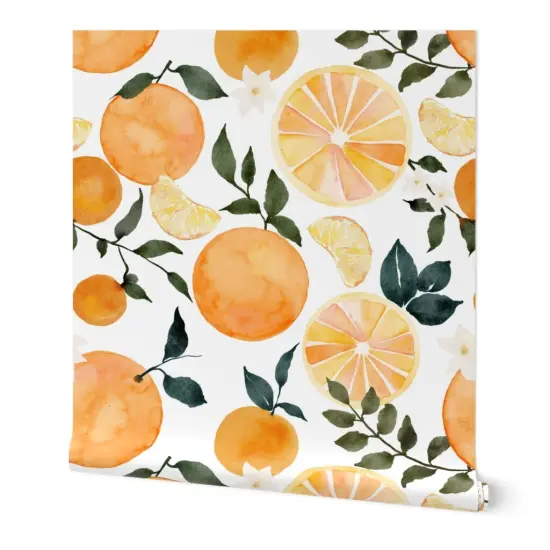 Peel & Stick Wallpaper 2FT Wide Watercolor Fruit Summer Orange Citrus Modern Botanical Bright Custom Removable Wallpaper by Spoonflower {7}