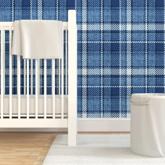 Pre-Pasted Wallpaper 2FT Wide Monochrome Plaid Blue Farmhouse Custom Pre-pasted Wallpaper by Spoonflower {7}