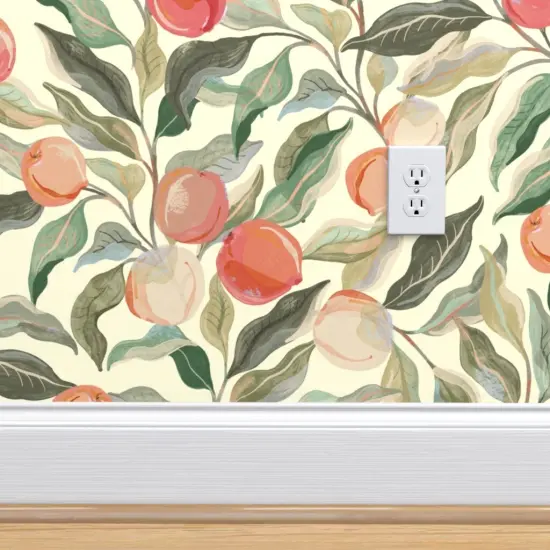 Peel & Stick Wallpaper 2FT Wide Peaches Fruit Leaves Botanical Floral Food Sage Green Peach Custom Removable Wallpaper by Spoonflower {4}