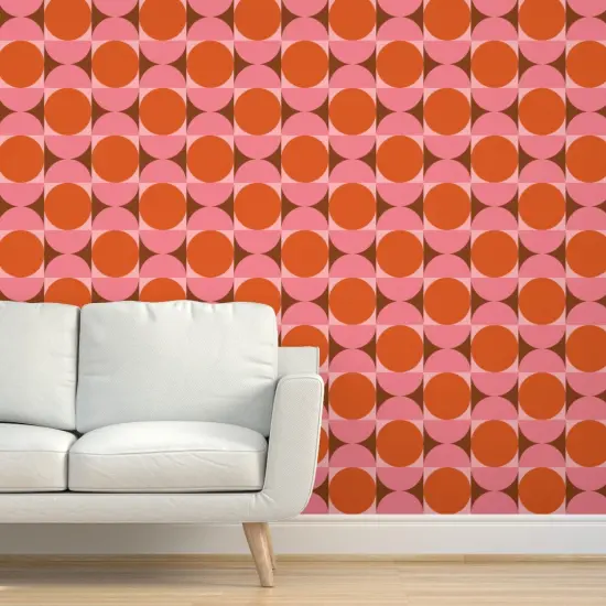 Peel & Stick Wallpaper 2FT Wide Pink Retro Orange Circles Geometric Abstract Square 60S Mid Century Modern Large Scale Custom Removable Wallpaper by Spoonflower {5}