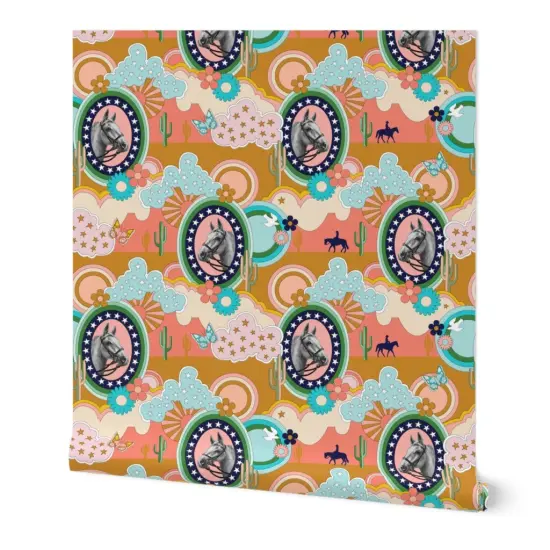 Peel & Stick Wallpaper 2FT Wide Horse Cactus Butterfly Bird Flower 70S Pop Art Clouds Western Cowboy Cowgirl Custom Removable Wallpaper by Spoonflower {7}