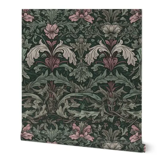 Peel & Stick Wallpaper 2FT Wide Green Victorian Baroque Rococo Damask Art Nouveau Acanthus Large Scale Classical Floral Botanical Custom Removable Wallpaper by Spoonflower {7}