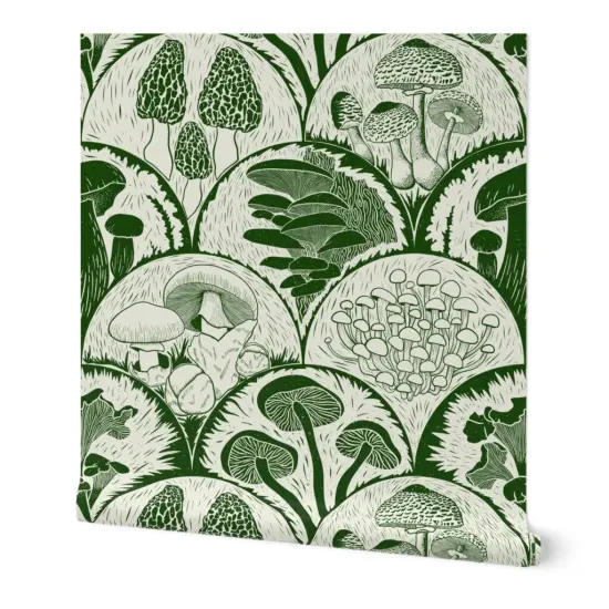 Peel & Stick Wallpaper 2FT Wide Green Mushrooms Scallop Woodland Block Print Forest Botanical Cottagecore Garden Custom Removable Wallpaper by Spoonflower {7}