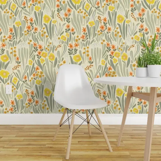 Pre-Pasted Wallpaper 2FT Wide Art Nouveau Garden Sage Green Yellow Abstract Flowers Large Scale Botanical Garden Custom Pre-pasted Wallpaper by Spoonflower {1}