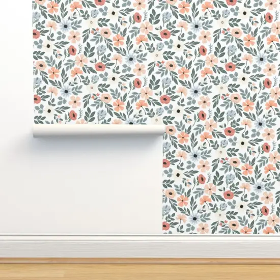 Peel & Stick Wallpaper 2FT Wide Coral Floral Sage Green Leaf Pretty Flowers Delicate Garden Custom Removable Wallpaper by Spoonflower {2}