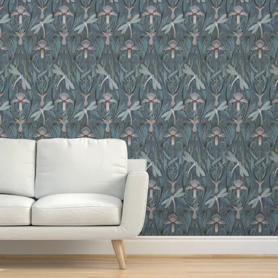 Pre-Pasted Wallpaper 2FT Wide Art Nouveau Deco Gray Blue Nature Floral Lillies 1920S Custom Pre-pasted Wallpaper by Spoonflower {5}
