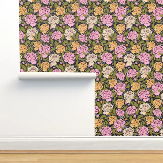 Pre-Pasted Wallpaper 2FT Wide Peony Flowers Floral Spring Garden Botanical Peonies Pink Yellow Green Cottagecore Custom Pre-pasted Wallpaper by Spoonflower {2}