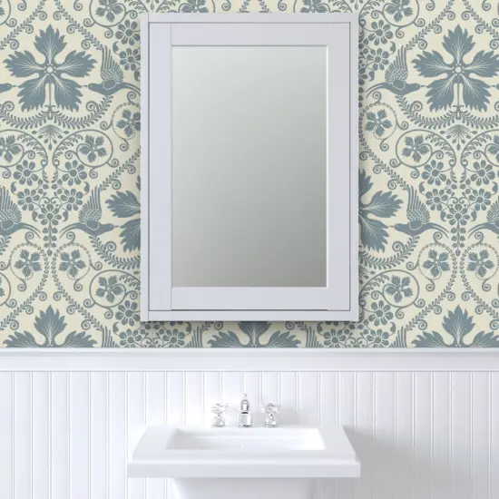 Peel & Stick Wallpaper 2FT Wide Bird Blue Flowers Botanical Floral Damask Italian Villa Large Scale Custom Removable Wallpaper by Spoonflower {6}