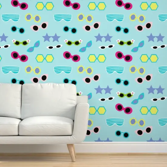 Pre-Pasted Wallpaper 2FT Wide Blue Retro Colorful Beach Groovy Pale Sunglasses Eyewear Sunny Summer Glasses Large Scale Custom Pre-pasted Wallpaper by Spoonflower {5}