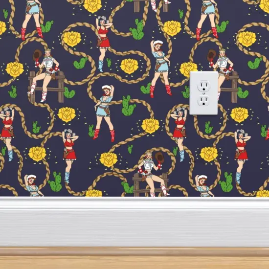 Peel & Stick Wallpaper 2FT Wide Cowgirl Retro Rockabillly Western Rose Rope Cactus Cowboy Hat Blue Custom Removable Wallpaper by Spoonflower {4}