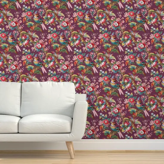 Pre-Pasted Wallpaper 2FT Wide Purple Antique Birds Palm Jungle Tropical Magenta Burgundy Wine Mauve Botanical Parrot Victorian Edwardian Art Nouveau Large Scale Custom Pre-pasted Wallpaper by Spoonflower {5}