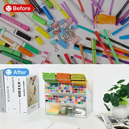 Clear Pen Organizer Storage, Acrylic Desk Organizer with 12 Compartments, Pen Organizer for Desk, Desktop Art Organizer for Office School Art Supplies {5}