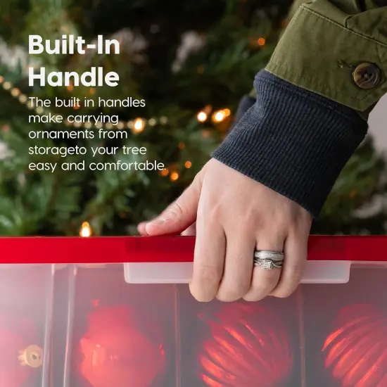 IRIS USA 2 Pack 60qt Plastic Clear Ornament Storage Box with Hinged Lid and Dividers, Clear/Red {2}