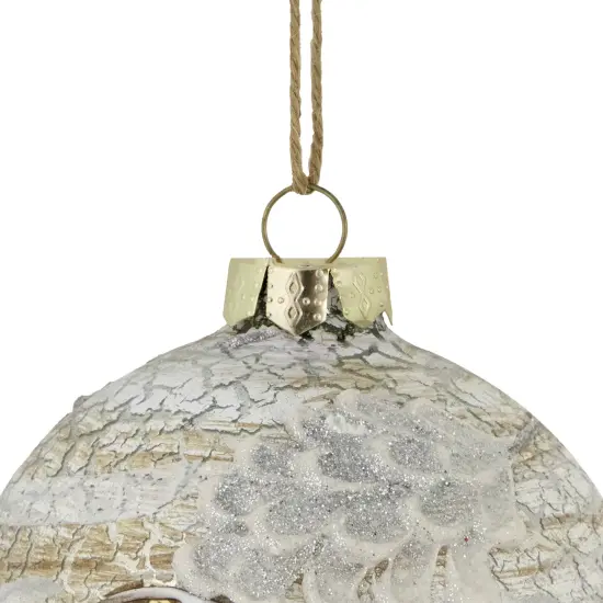 Northlight 4" Birch Wood and Glitter Pine Cones Glass Ball Christmas Ornament White {4}