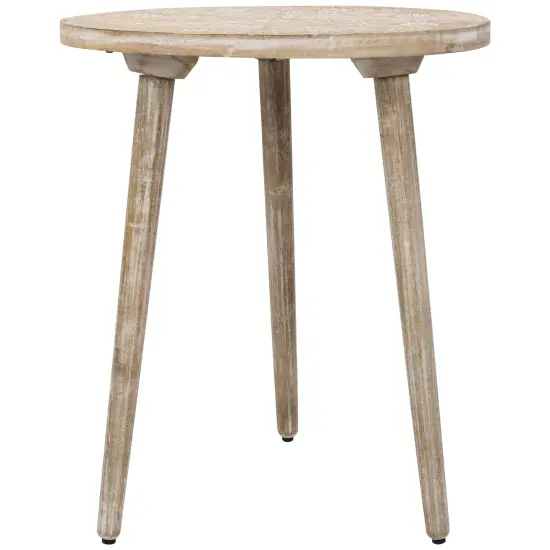 Northlight 22" Brushed White Engraved Floral Round Tri Leg Wooden Side Table Beige {1}