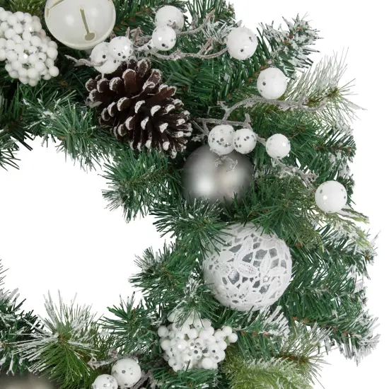 Northlight Green Pine Frosted Artificial Christmas Wreath with Laced Ornaments, 24-Inch, Unlit {4}