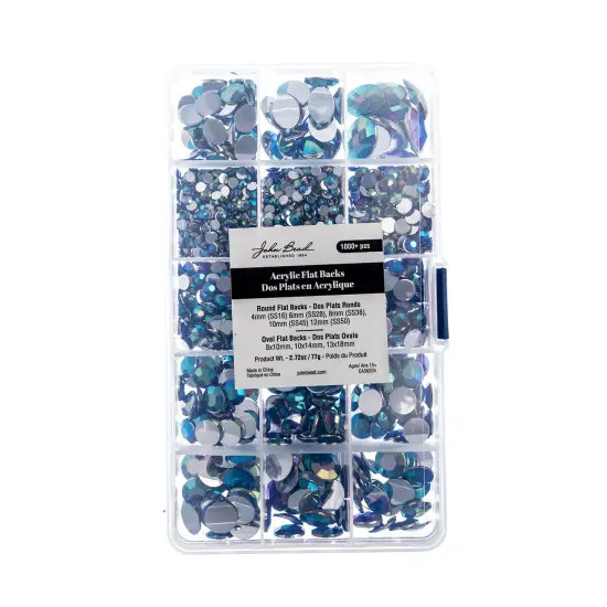John Bead Blue AB Assorted Round & Oval Acrylic Flat Back Rhinestones Box {6}