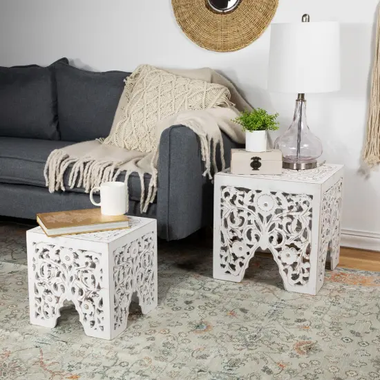 Northlight Set of 2 Antique White Square Stackable Nesting Side Table and Stool 16" {3}
