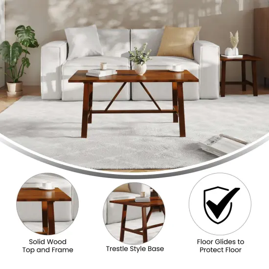 Merrick Lane Mabel Farmhouse Trestle Coffee Table, Solid Wood Rustic Accent Table Walnut {2}