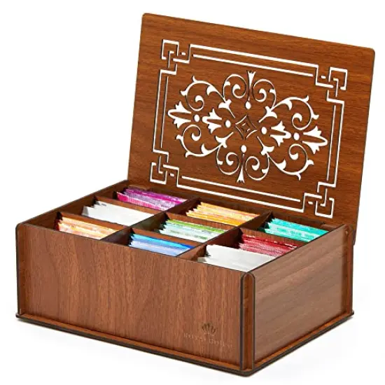 RoyalHouse Premium Wood (Hard MDF) Tea Storage Box Organizer (Brown), Eco-Friendly Multi-Functional Decorative Box, 9 Compartments For Assorted Variety Of Tea Bags and Small Items {1}