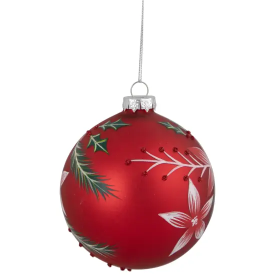 Northlight Poinsettia and Holly Glass Christmas Ball Ornament - 4" - Red {5}