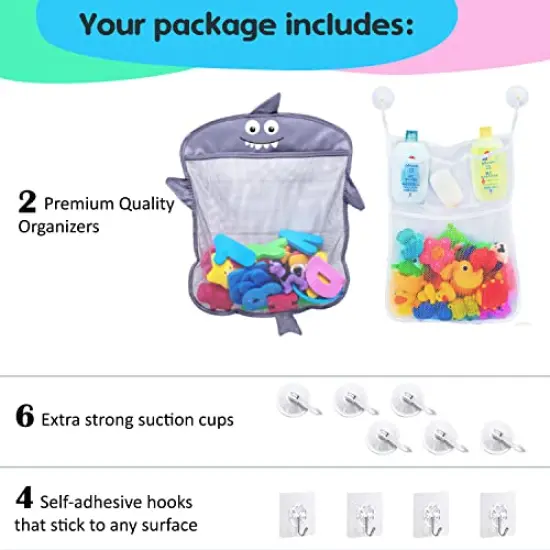 2 x Mesh Bath Toy Organizer + 6 Ultra Strong Hooks – The Perfect Bathtub Toy Holder & Bathroom or Shower Caddy – These Multi-use Net Bags Make Baby Bath Toy Storage Easy – For Kids & Toddlers {4}