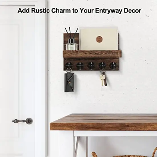 Key Holder for Wall, Decorative Key and Mail Holder with Shelf Has Large Key Hooks for Bags, Coats &ndash; Paulownia Wood Key Hanger with Mounting Hardware (9.8&rdquo;W x 6.7&rdquo;H x 4.2&rdquo;D) (Brown) {5}