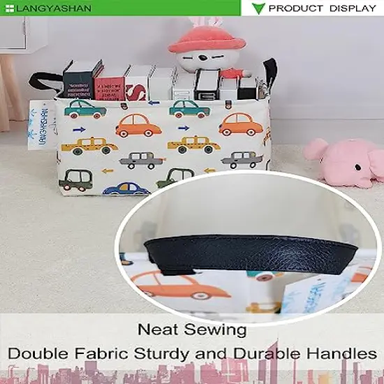 LANGYASHAN Rectangular Storage Bin Collapse Canvas Fabric Cartoon Storage Basket with Handles for Organizing Home Kitchen Boys and Girls Toys Office Closet Shelf Baskets(Rec Color Cars) {5}