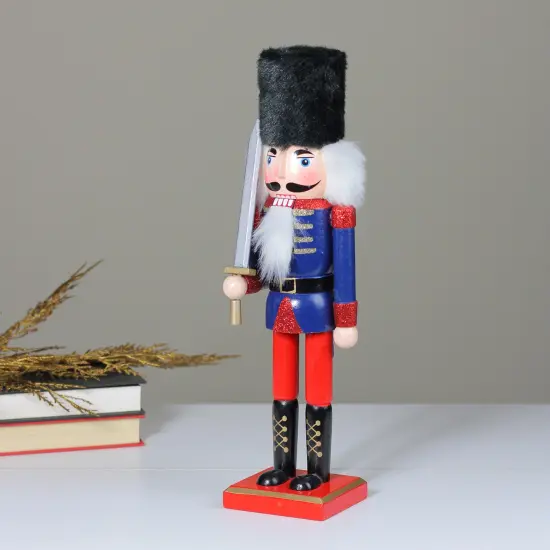 Northlight Christmas Nutcracker Soldier with Faux Fur Hat and Sword - 14" Red and Blue {3}