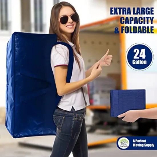 4 Pack Heavy Duty Extra Large Moving Bags with Backpack Straps - Strong Handles & Zippers, Storage Totes For Space Saving, Fold Flat, Alternative to Moving Box (X-Large-Set of 4, Blue) {3}
