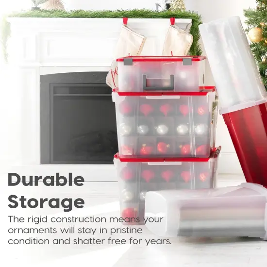 IRIS USA 2 Pack 60qt Plastic Clear Ornament Storage Box with Hinged Lid and Dividers, Clear/Red {6}