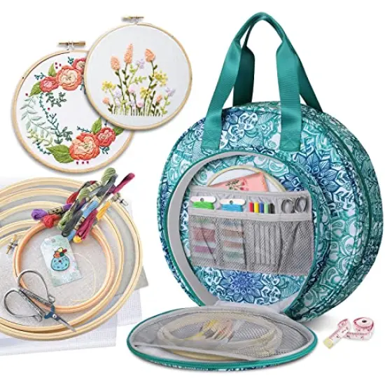 Embroidery Project Bag, Embroidery Supplies Storage Carrying Tote Case with Multiple Pockets for Embroidery Floss, Embroidery Hoops, Thread, Stitch Tools Kit [Bag Only] - Emerald Illusions {2}