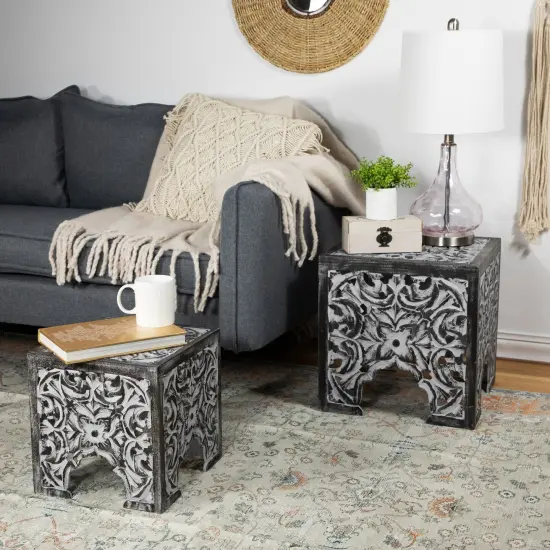 Northlight Set of 2 Antique Gray and Black Square Stackable Nesting Side Table and Stool 16" {3}