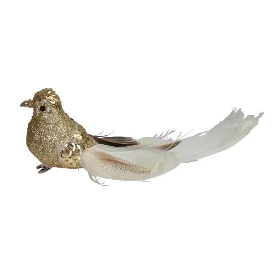 Northlight Sequins and Glitter Bird with Tail Clip On Christmas Ornament - 6" - Gold and White {7}