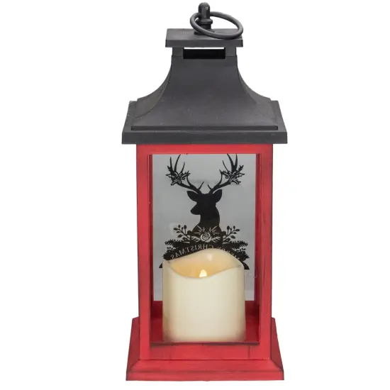 Northlight LED Candle with Deer "Merry Christmas" Lantern - 12" - Red and Black {4}