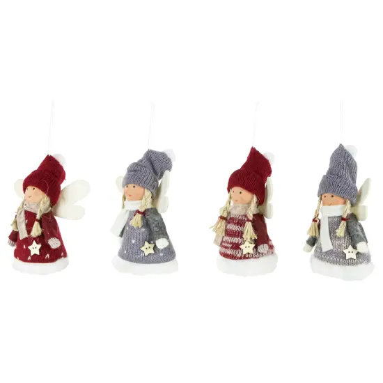 Northlight Plush Angel Girl Hanging Christmas Ornaments - 4.25" - Red and Gray -Set of 4 {6}