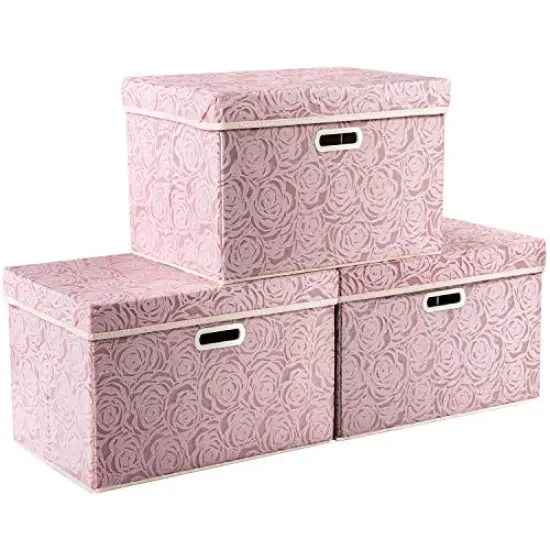 PRANDOM Larger Collapsible Storage Boxes with Lids Fabric Decorative Bins Cubes Organizer Containers Baskets Handles Divider for Bedroom Closet Living Room Pink 17.7x11.8x11.8 Inch 3 Pack {1}