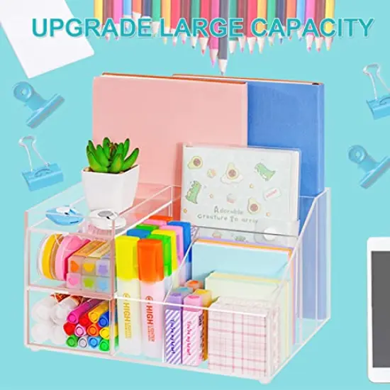 VITVITI Acrylic Desk Organizer, Clear Pencil Organizer for Desk, Multifunctional Desktop Stationary Pen Organizer, 8 Compartment Storage with Drawer, for Office/A4 Paper/Art Supply {6}