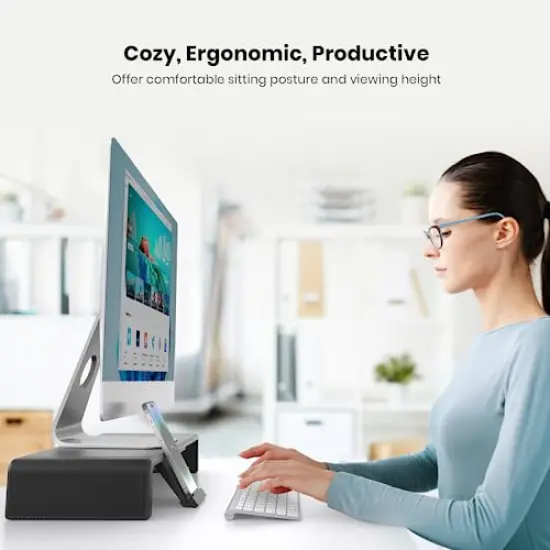 Monitor Stand Riser, Klearlook Foldable Computer Monitor Riser,Height Adjustable Computer Stand, Desk Shelf Riser with Storage Drawer & Tablet Phone Stand for Computer, Desktop, Laptop (Black) {5}