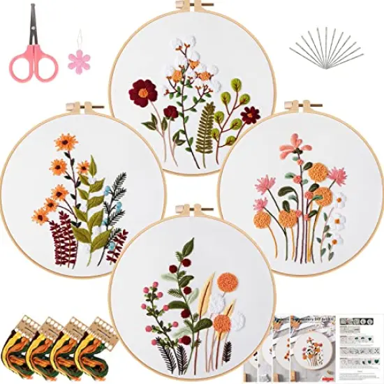 4 Sets Embroidery Kit Starter with Pattern and Instructions, DIY Beginner Starter Cross Stitch Kit Include 1 Embroidery Hoop, Needlework for Adults (Flower-Happy time) {1}