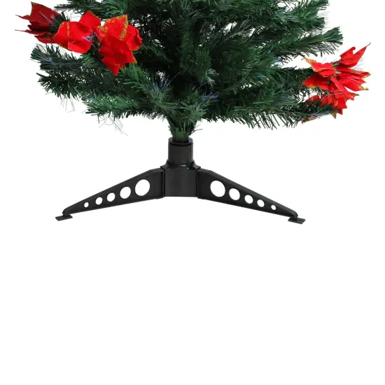 DAK 5' Pre-Lit Medium Fiber Optic Artificial Christmas Tree with Red Poinsettias - Multicolor Lights Green {5}
