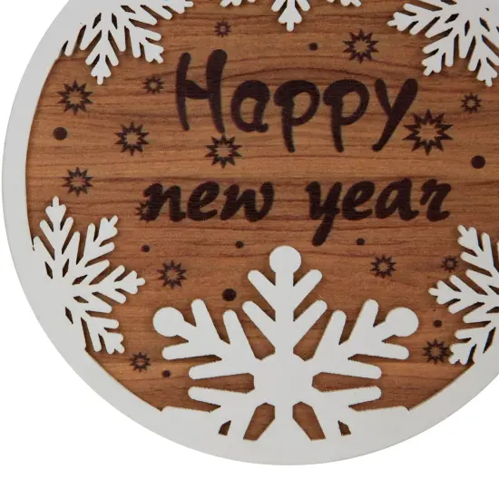 Northlight Wooden Snowflake "Happy New Year"Christmas Ornament Disc - 7" - White and Brown {5}